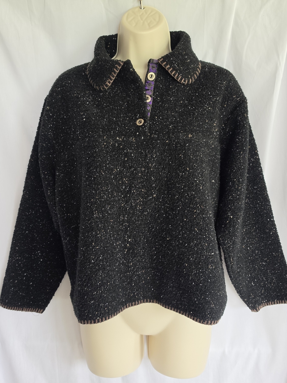 Vintage Alps Black Speckled Fleece Pullover Button-collar Sweater Purple Accent